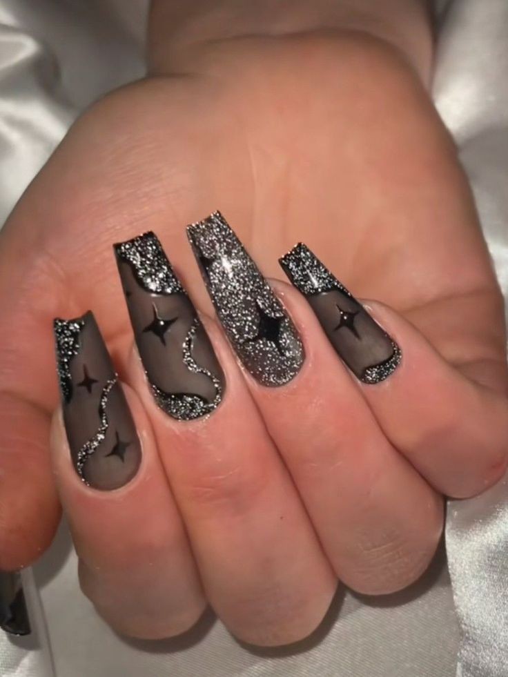 Black and Silver Glitter Nails: