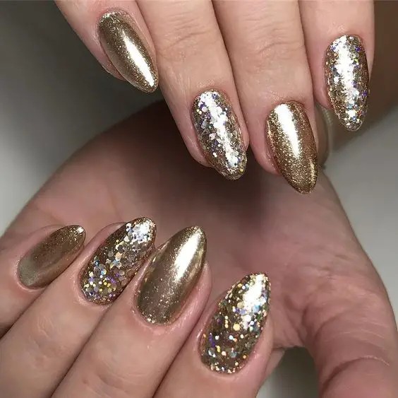 Golden Glitter Almond Nails: