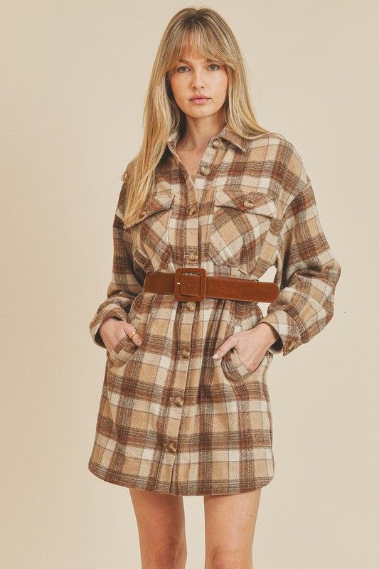 Plaid Shirt Dress with Belt