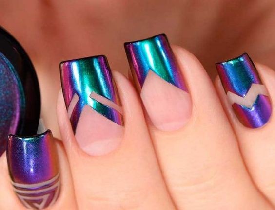 Colorful Chrome Geometric Nail Art: