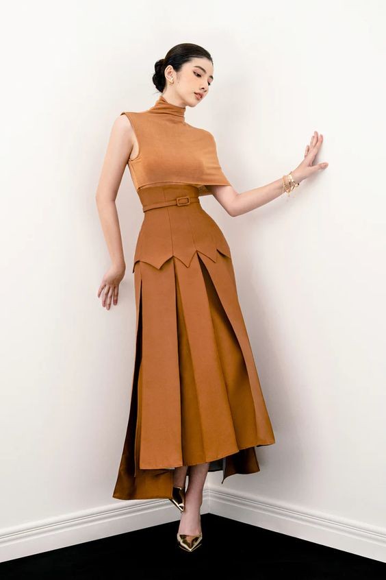 Sculpted Elegance: The Caramel Flounce Skirt