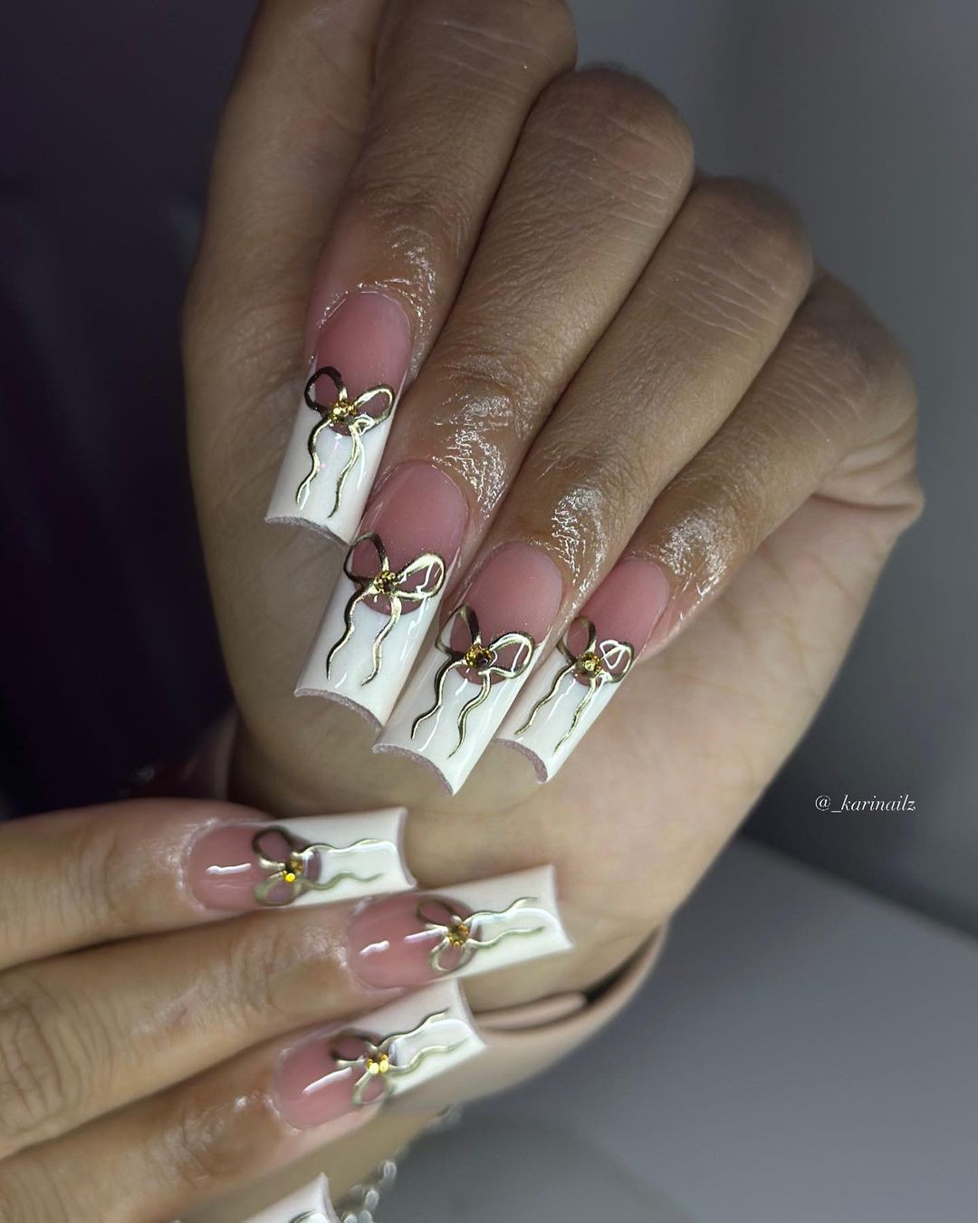 White Square Nails with Gold Bows