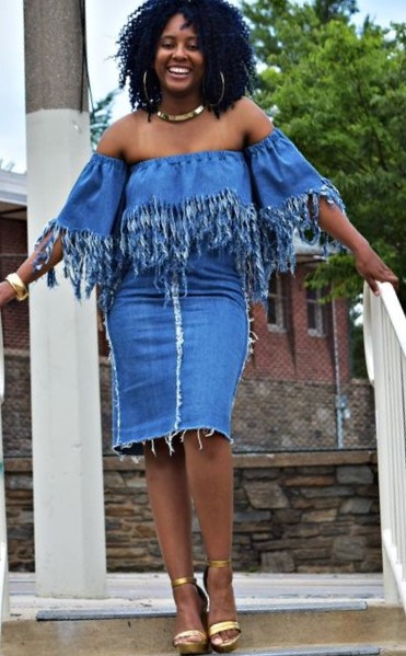 Ruffled Off-the-Shoulder Top with Denim Skirt