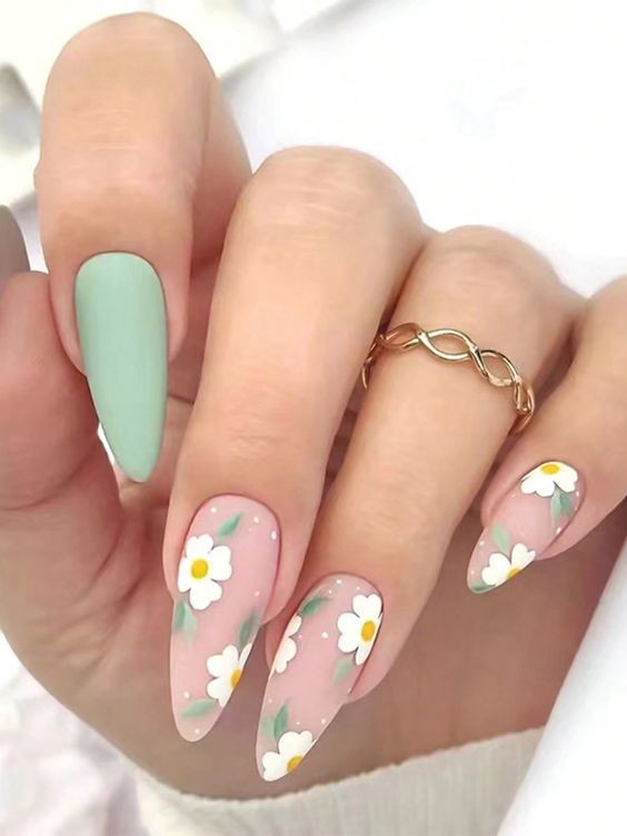 Mint Green Floral Nails