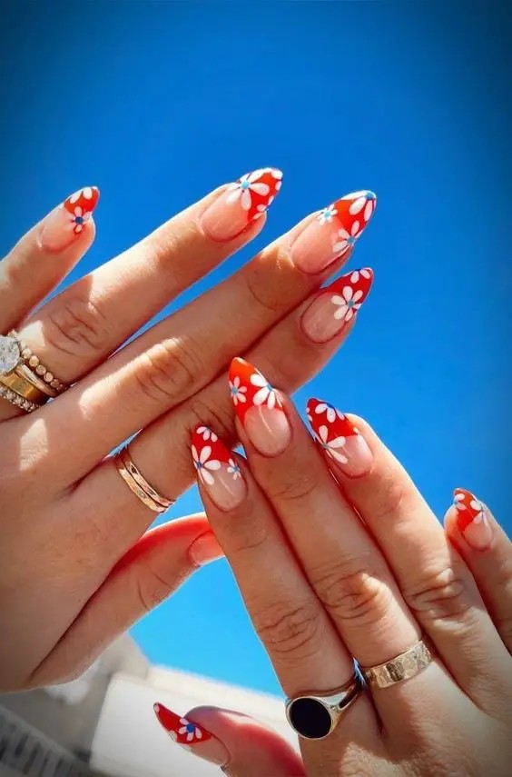 Red Floral French Tips: