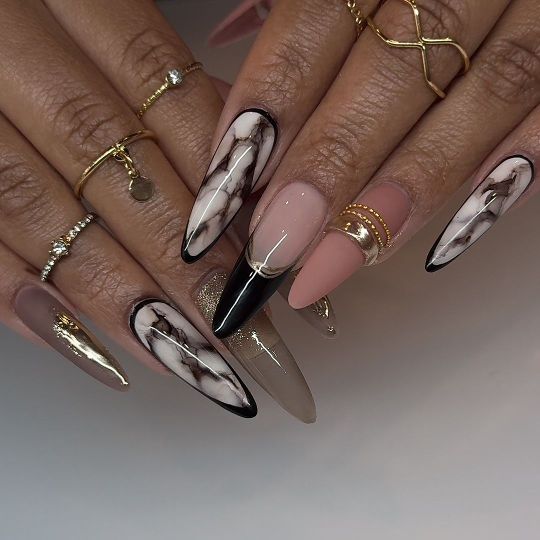 Black and White Marble with Gold Drips on Long Almond Nails