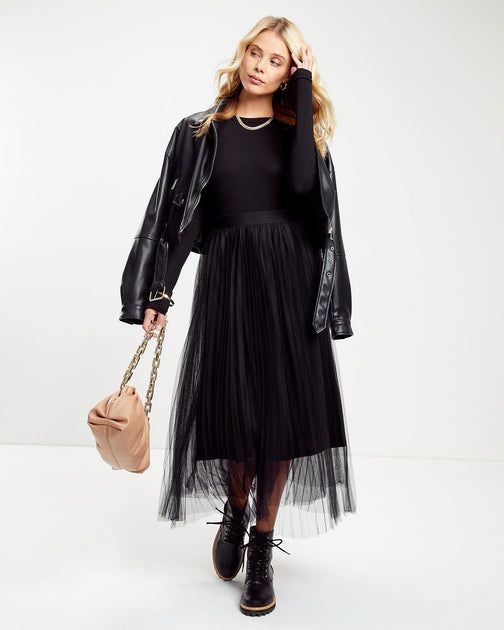 Leather Jacket and Midi Skirt: