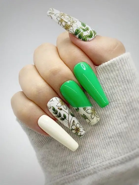 Lime Green Floral Nail Art: