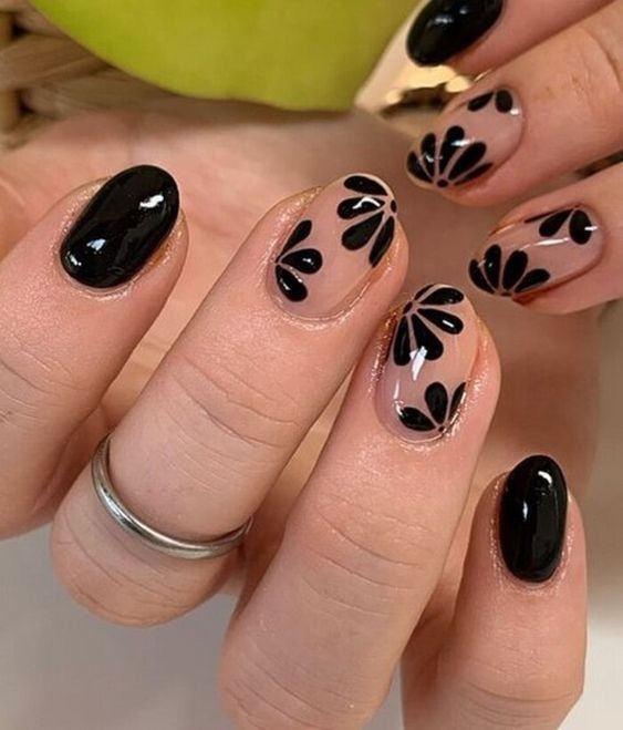 Floral Black Nail Art: