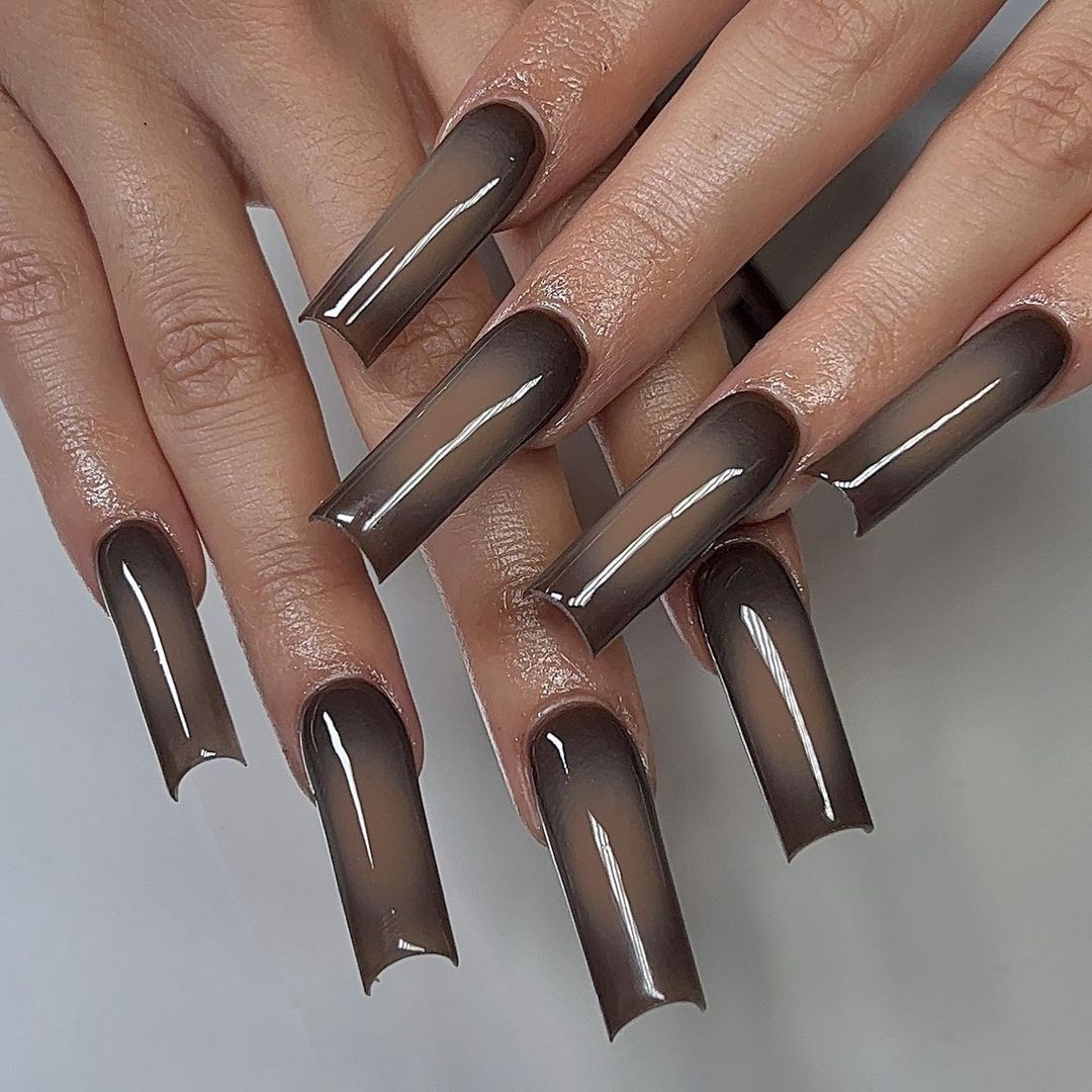 Glossy Solid Mocha on Long Coffin Nails