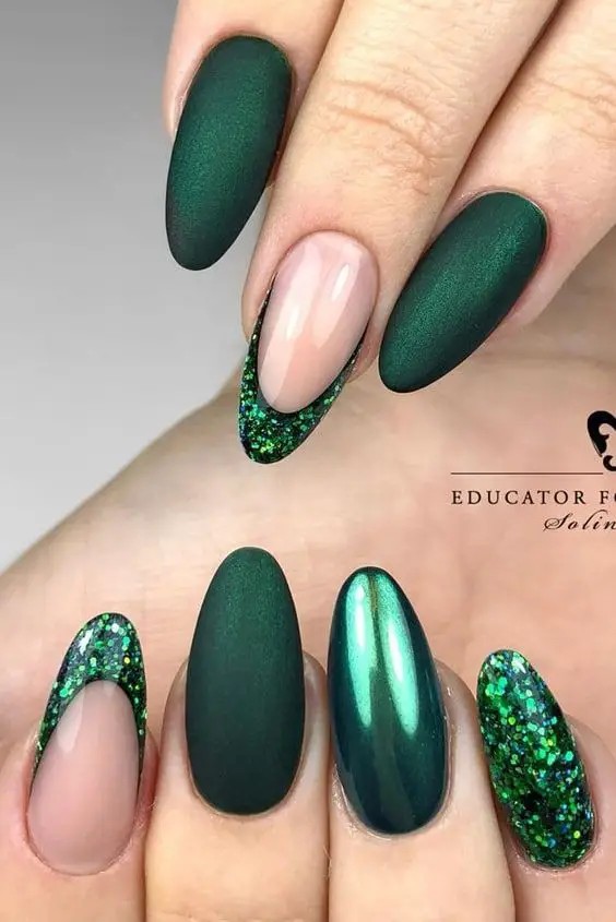 Negative Space Green Nails with Chrome Accents: