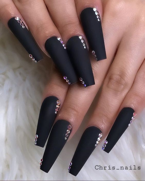 Matte Coffin Nails with Rhinestone Accents: