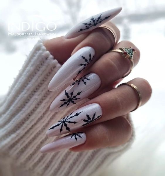 Snowflake White Almond Nails: