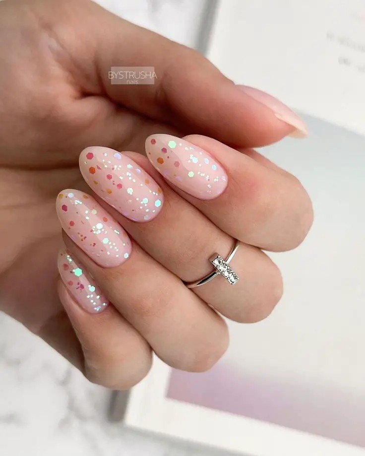 Medium Round Nails with Acrylic Pink Glitter