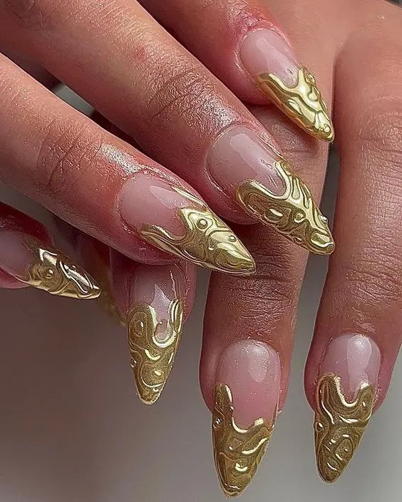 Gold Chrome Almond Nails: