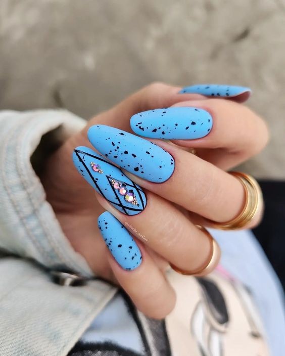 Blue Spring Blossoms on Almond Nails