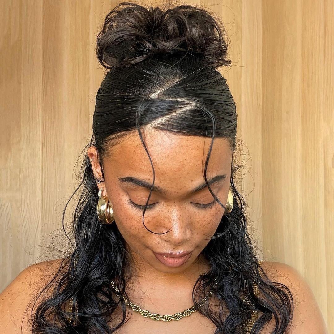 Curly Topknot with Playful Edges