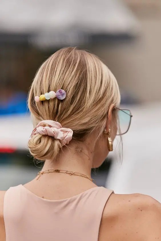 Low Bun with Pastel Scrunchie and Beads