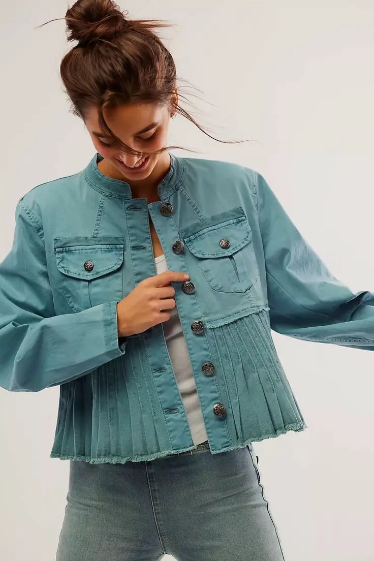 Light Blue Denim Jacket with Pleated Details