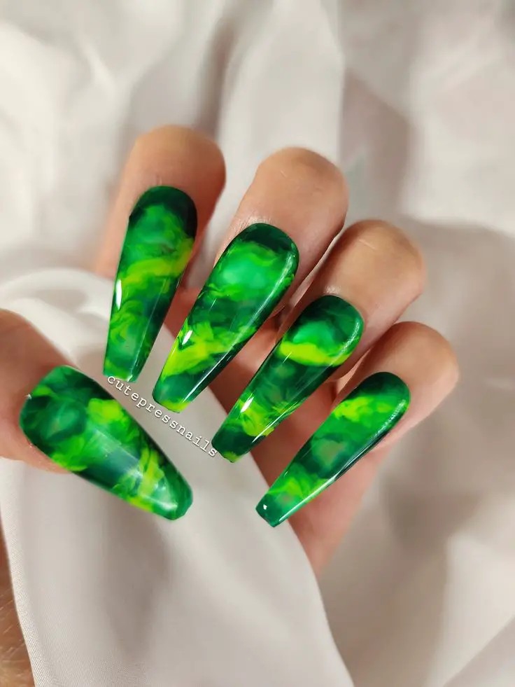 Neon Green Marble Nails: