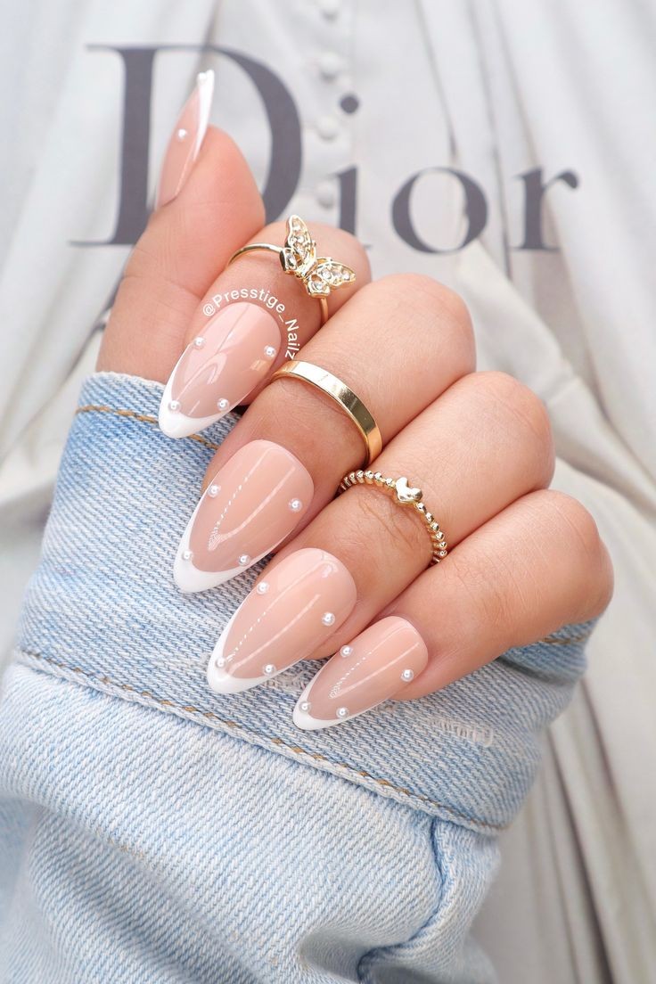 French Tips with Pearl Embellishments: