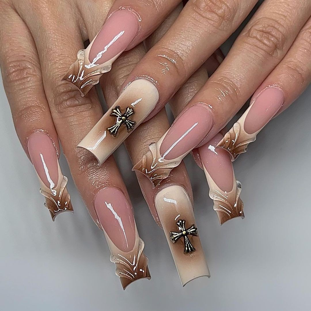 Nude Coffin Nails with Brown Marble Design and Cross Charms