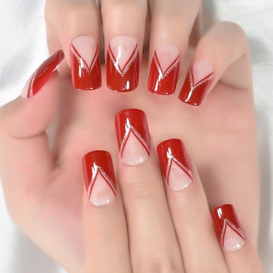 Red and Nude Chevron Nails: