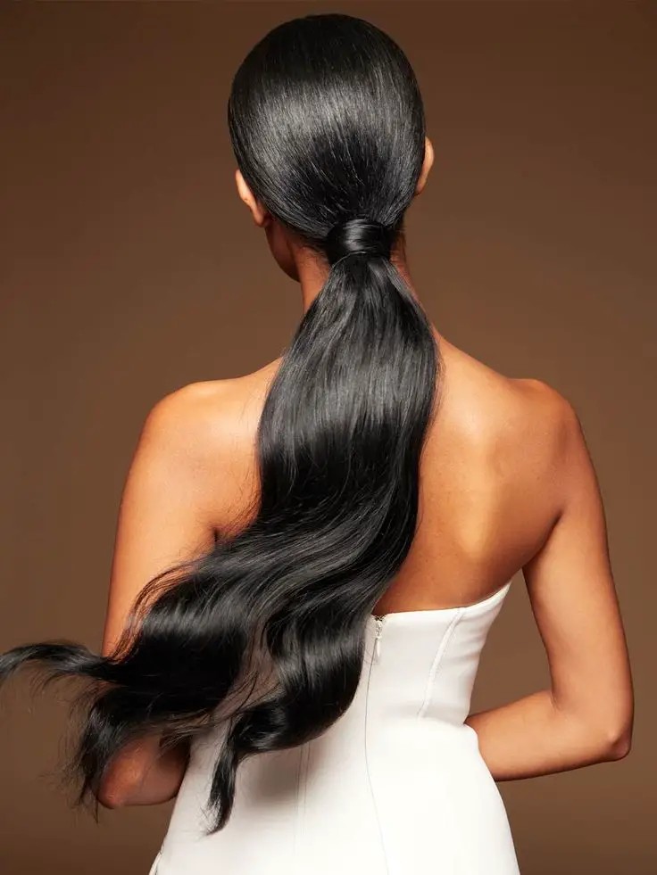 Sleek Low Ponytail with Hair Wrap