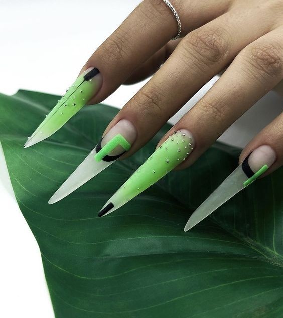 Lime Green Striped Nails: