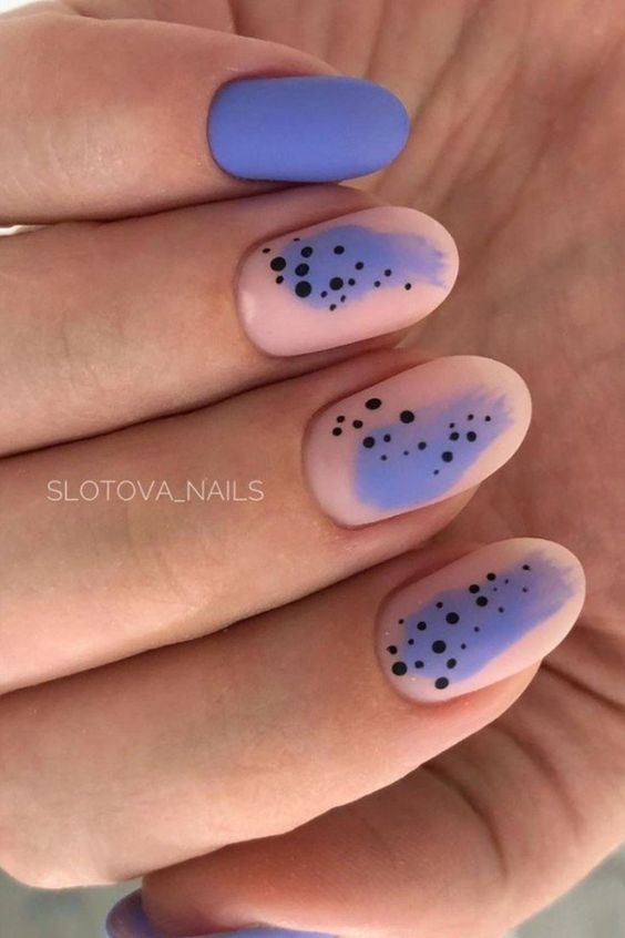 Short Blue Gel Nails with Mini Dots: