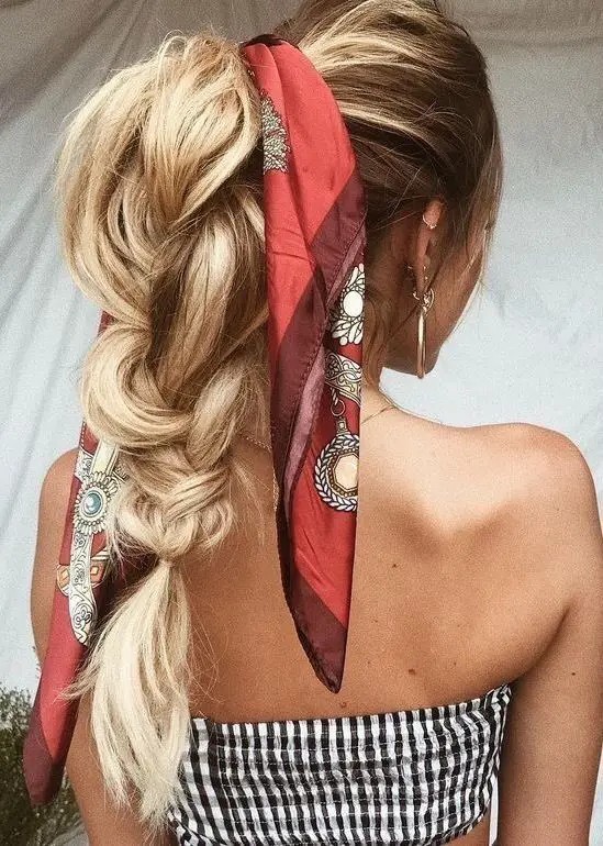 Textured Ponytail with Scarf: