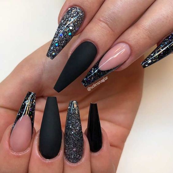 Black Glitter on Long Nails for a Bold Sparkle