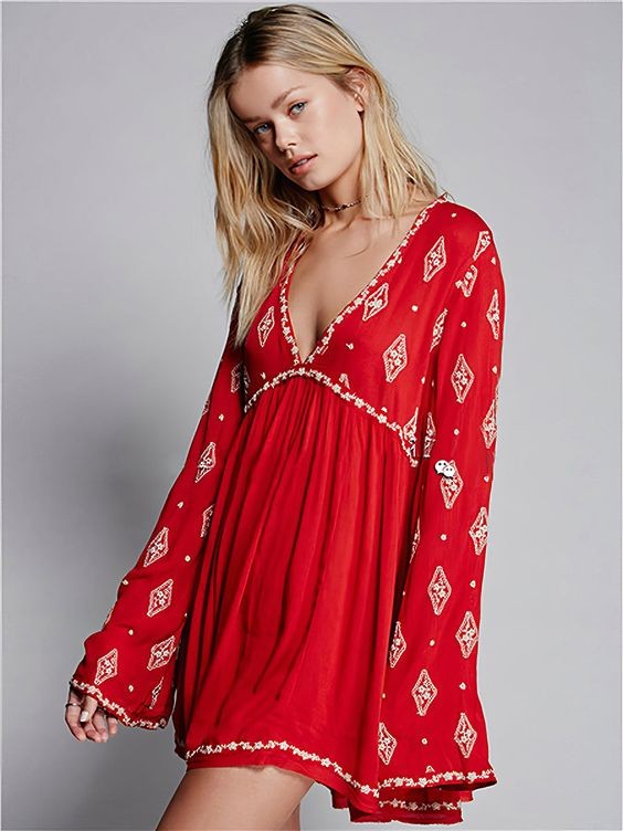 Embroidered Boho Dress with Bell Sleeves