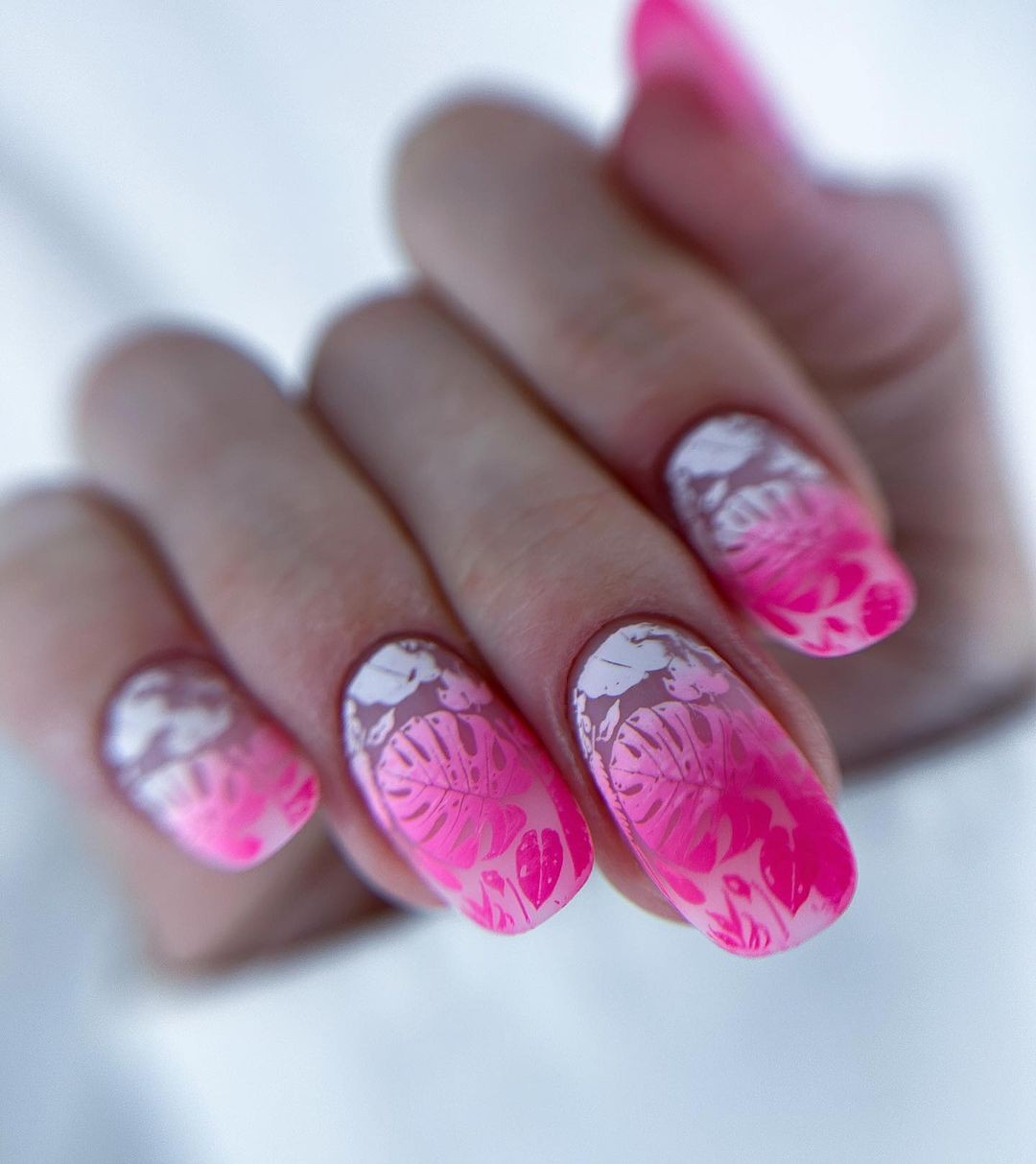 Sheer Pink Ombre Nails with White Floral Stamping