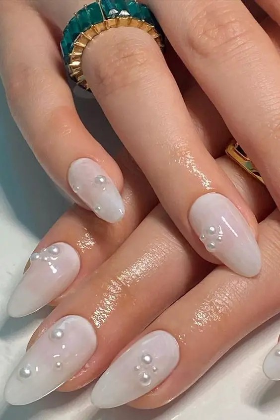 Pearl Embellishments on Medium Oval Nails: