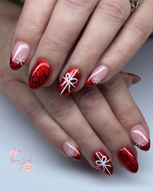 Acrylic Red Round Nails with Festive Art