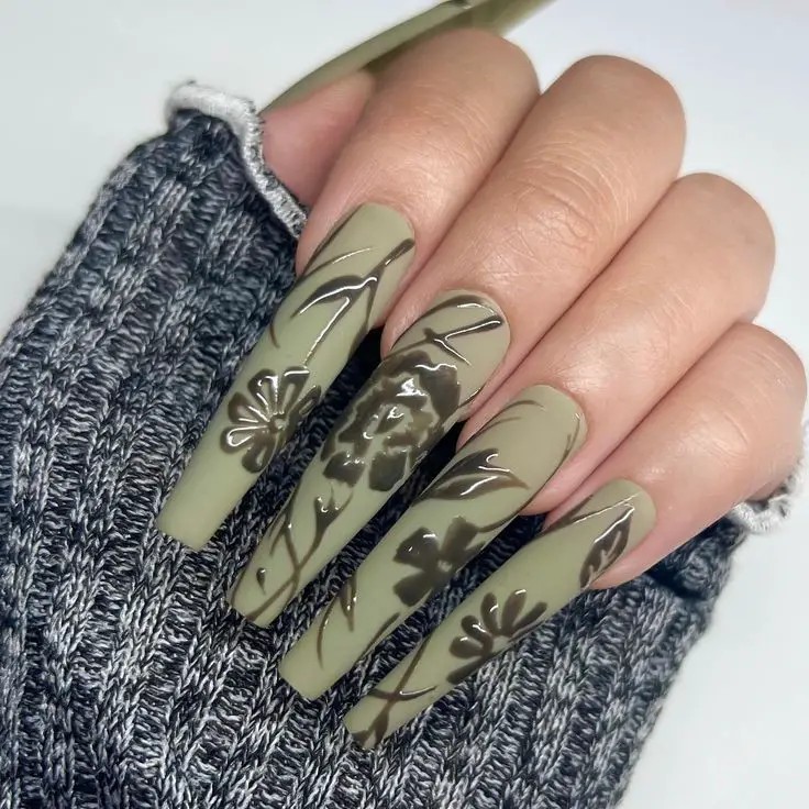 Olive Green and Floral Nail Art: