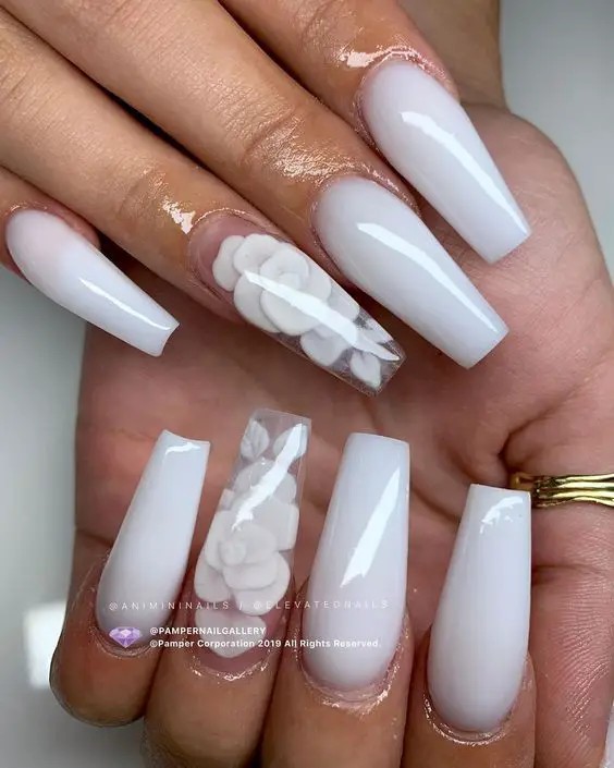 Floral White Nails