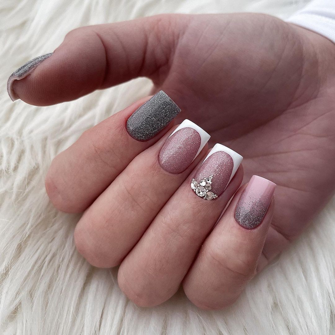 French Manicure with Alternating Sparkly Silver and Pink Nails