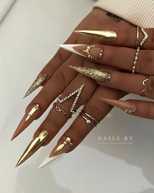 Negative Space Gold Nails with Chrome Accents: