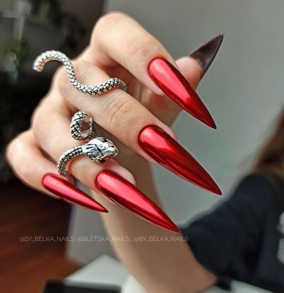 Classic Red Chrome Nails: