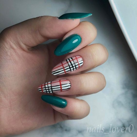 Long Almond Nails with Green Plaid Designs