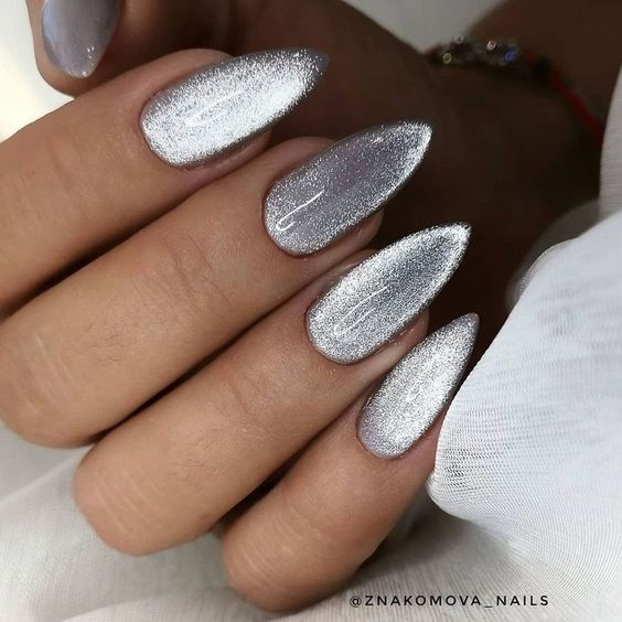 Silver Chrome Almond Nails: