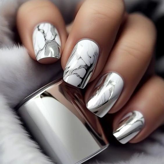 White Chrome Marble Nails: