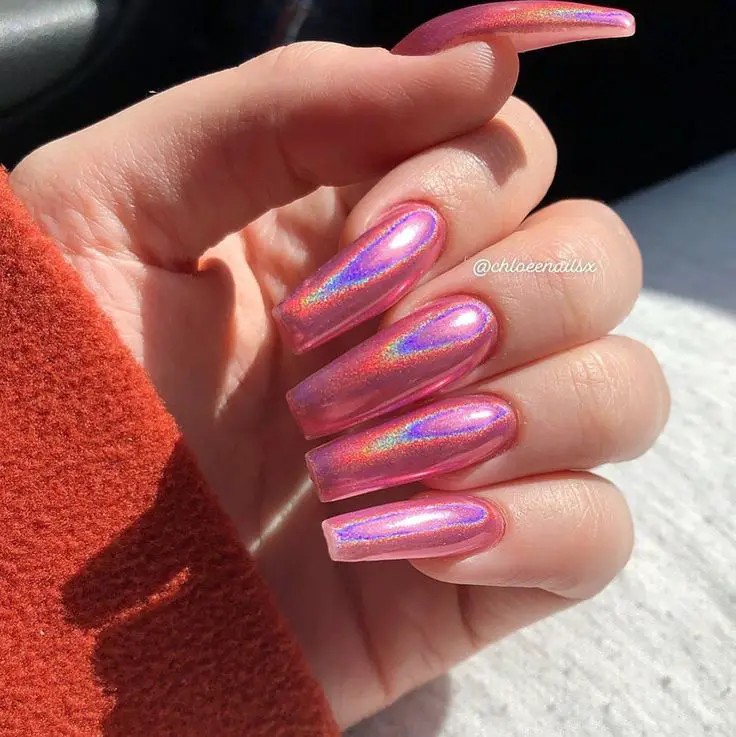 Pink Holographic Chrome Nails: