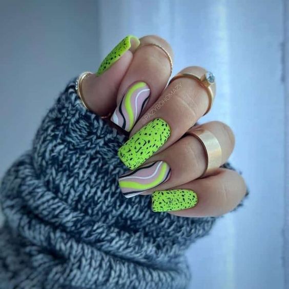 Neon Green Striped Nails: