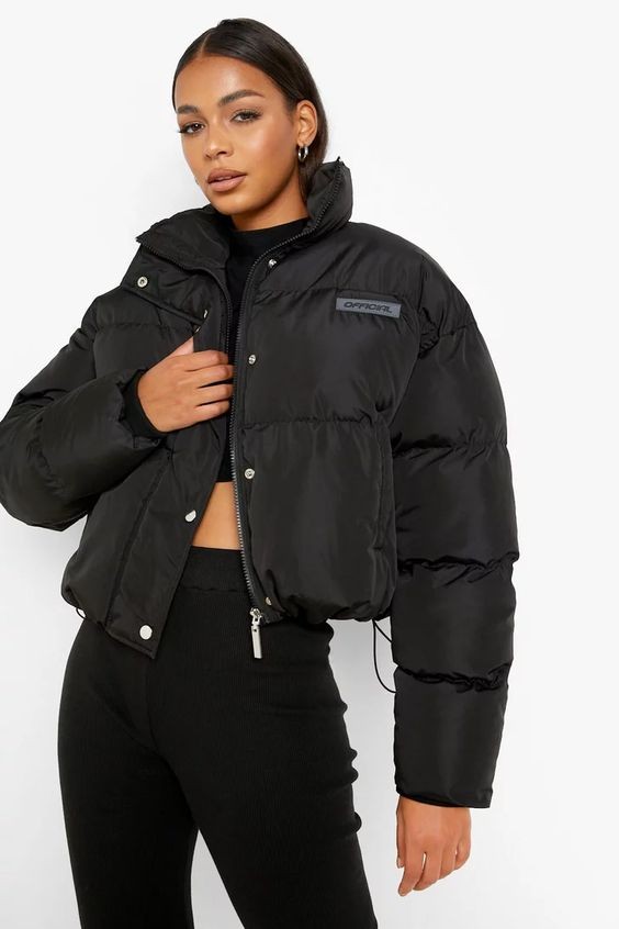 Sleek Black Puffer Jacket and Ribbed Set