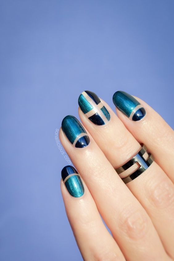 Blue Chrome Negative Space Nails: