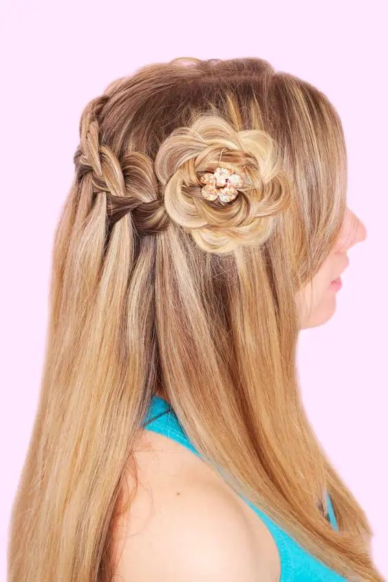 Half-Up Waterfall Braid with Flowers