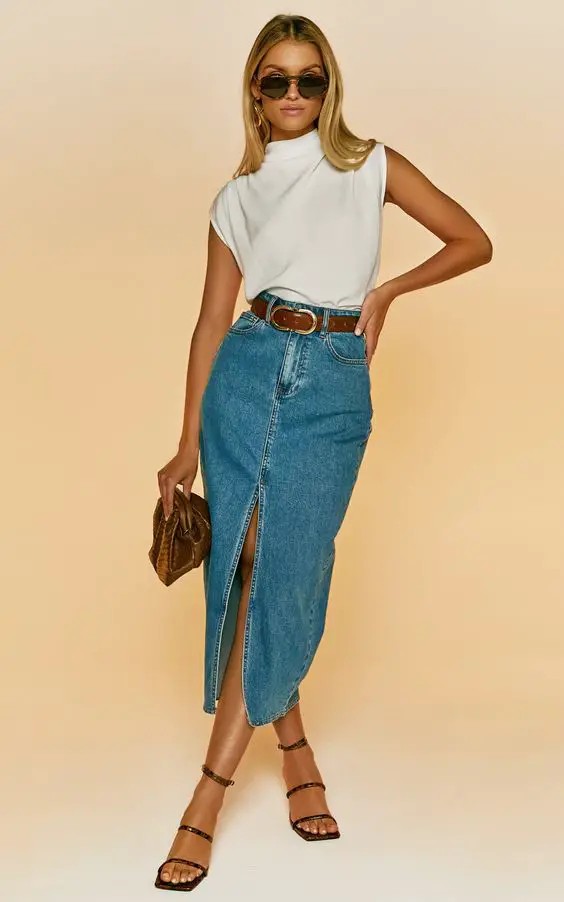 Fresh and Professional: The Sleeveless Turtleneck and Denim Skirt